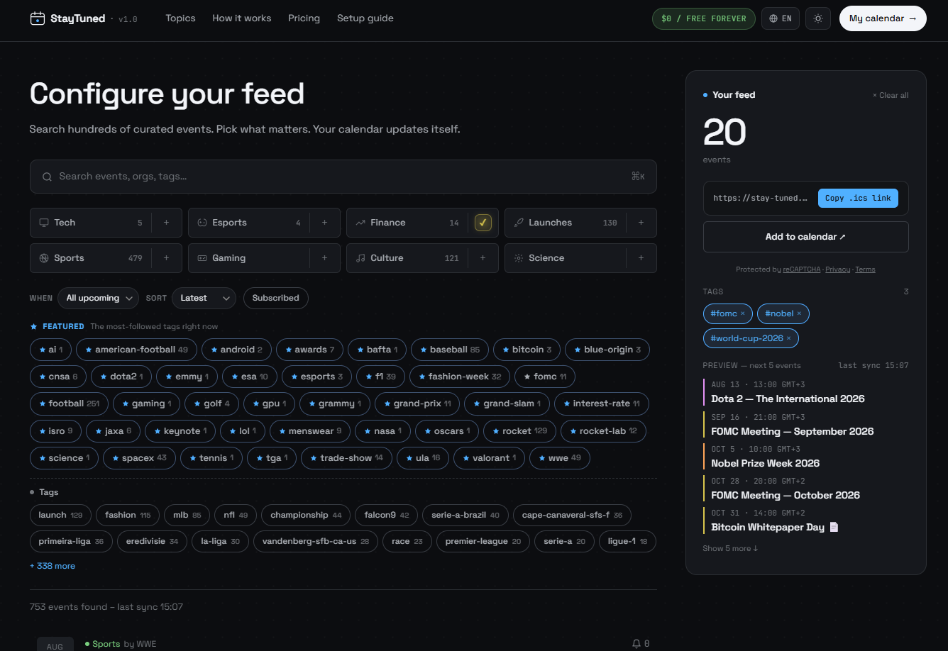 Pantalla de configuración del feed: selección de etiquetas y categorías de eventos